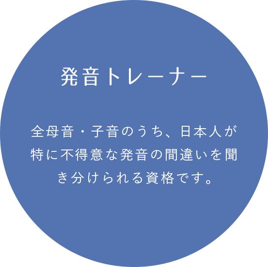 発音トレーナー 全母音・子音のうち、 日本人が特に不得意な発音の間違いを聞き分けられる資格です。